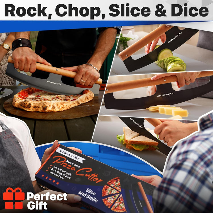 KitchenStar 16-Inch Pizza Cutter Rocker Blade - Razor Sharp Stainless Steel Slicer Knife, Stylish Beech Wood Handle, Protective Cover - Professional Pizza Oven Accessories, Black