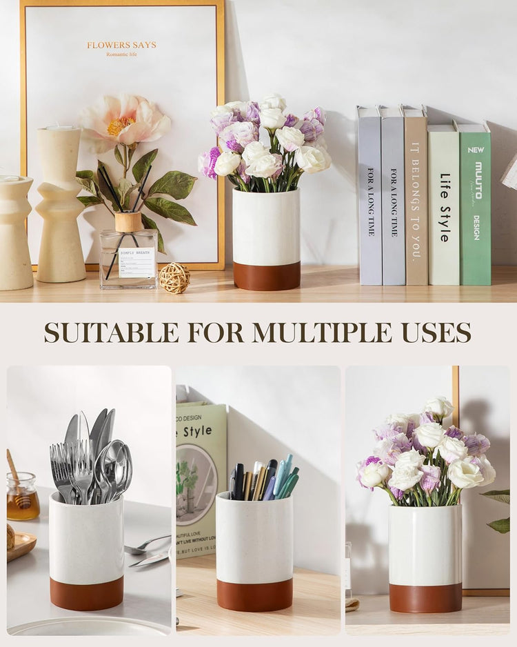MALACASA Utensil Holder, 5.5" Ceramic Kitchen Utensil Holder for Countertop, Cooking Utensil Crock for Kitchen Counter, Farmhouse Utensil Organizer for Spatula & Spoon, Khaki White, Series TARA