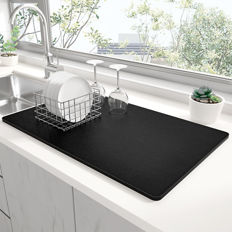 Rnivvi Dish Drying Mat for Kitchen Counter, 12 x 19" Super Absorbent Drainer Pad Easy Clean Dish Rack Pad, Non-Slip Heat Resistant Coffee Bar Mats for Coffee Machine Station Accessories Decor, Black