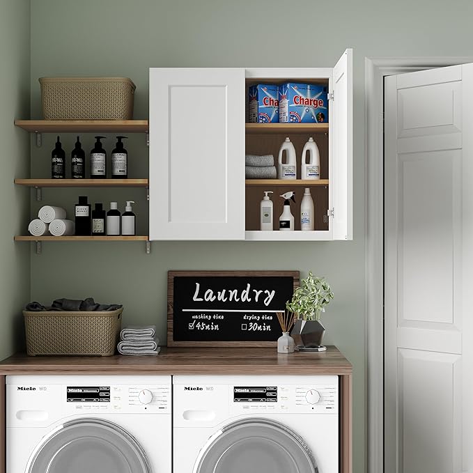 33 Inch Laundry Room Cabinets Wall Mounted, Solid Wood Over The Toilet Storage Cabinet, Bathroom Organizer Cabinets with 2 Shaker Door & Shelves, Easy to Assemble for Kitchen, Garage - White