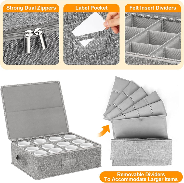 Coffee Mug Storage Box 2 Pack with Dividers, China Storage Containers Organizer Moving Supplies, Hard Shell & Stackable for Coffee Mugs, Tea Cups w/Sturdy Lid & Handles, 24 Compartments, Grey