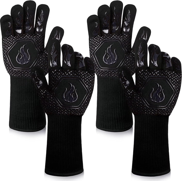 BBQ Fireproof Gloves, Grill Cut-Resistant Gloves 1472°F Heat Resistant Gloves, Non-Slip Silicone Oven Gloves, Kitchen Safe Cooking Gloves for Oven Mitts,Barbecue,Cooking, Frying, Black(2 Pairs)