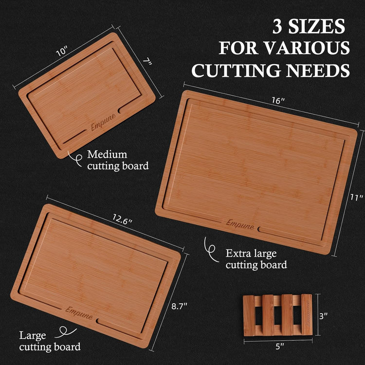 Empune Bamboo Cutting Board Set, Wood Cutting Boards for Kitchen with Holder Wooden Chopping Board for Meal Prep & Serving
