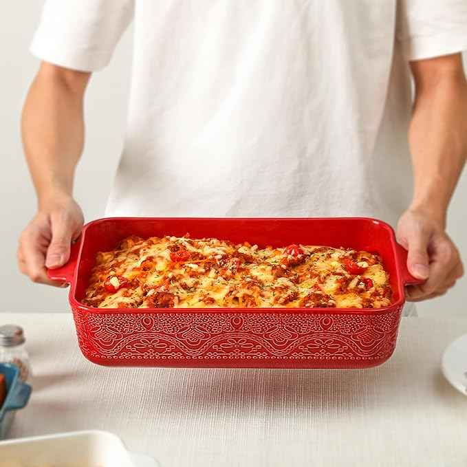 Ceramic Baking Dish Set of 3, Casserole Dishes for Oven, Ideal for Baking, Stewing, Roasting, and Holiday Feasts. The Gift for Mother's Day, Thanksgiving, Christmas, or Housewarming(Christmas Red)
