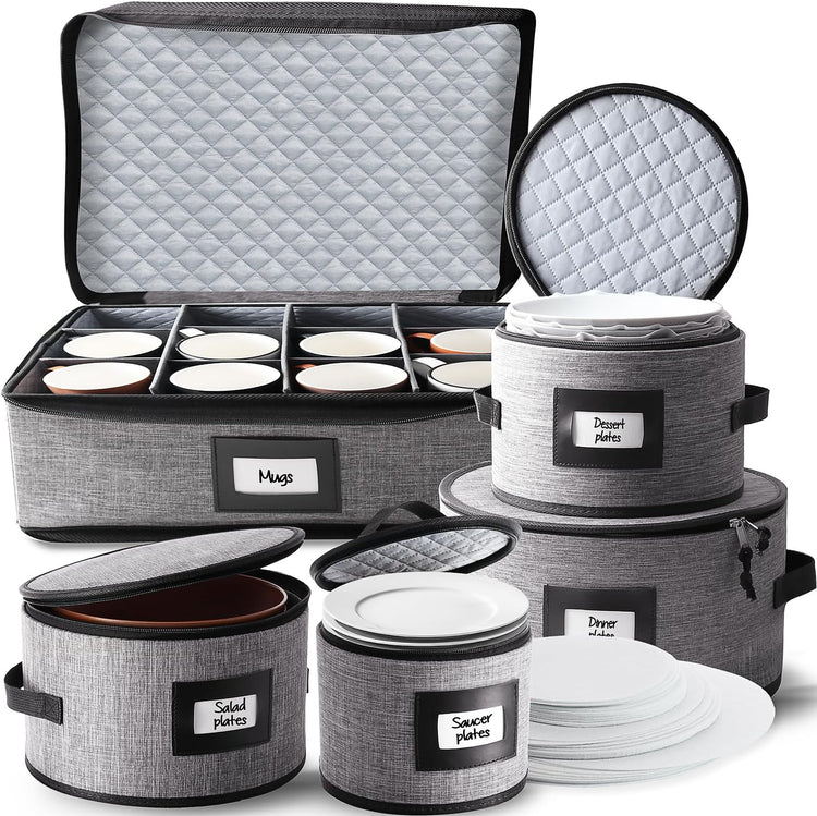 Fine China Storage Containers, 5 Piece Quilted Dish Storage Containers, Mug, Cup, and Plate Dish Organizer with Felt Dividers, Service of 12 Dinnerware Boxes for Moving, Seasonal Organization, Grey
