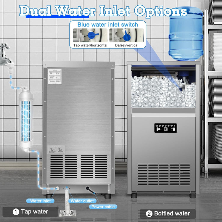 Commercial Ice Maker Machine 150lbs/24H with 30lbs Storage, Stainless Steel Undercounter/Freestanding Ice Machine 50Ice/Cycle 2 Water Inlet Modes Self-Cleaning for Homes Restaurants Bars