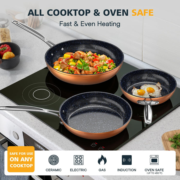 3-Piece 8”, 10”, 12” Forged Lightweight Frying Pan Set, Cozy Blue