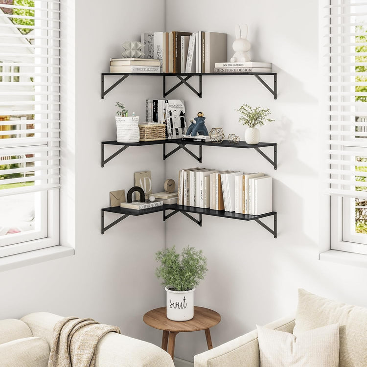 Heimlove 24" W x 12" D Wall Shelves for Books, 12 Inch Deep Floating Shelves Set of 3, Wide Floating Bookshelf with Metal Bracket for Living Room, Kitchen, Office, Bedroom and Decor Storage - Black