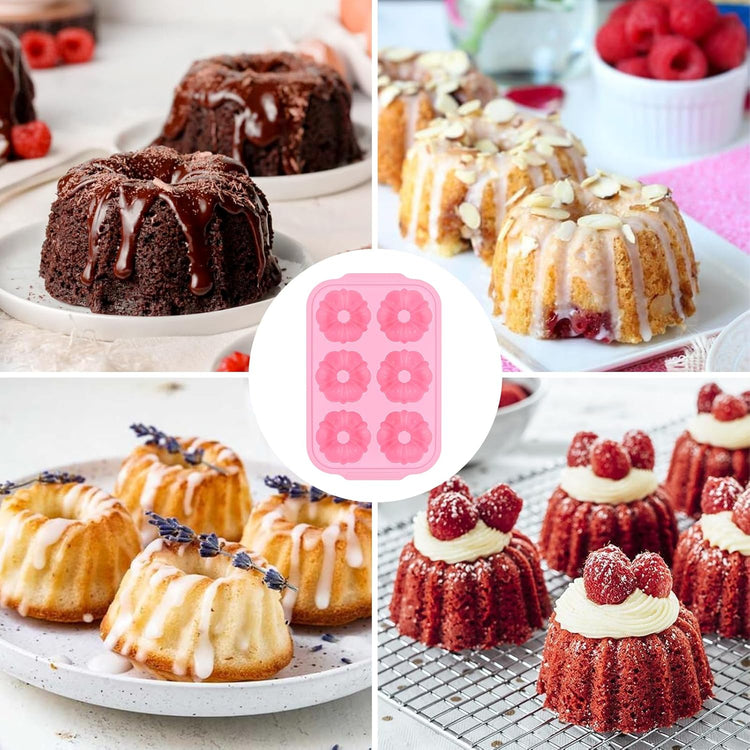 Mini Bundt Cake Pans for Baking, Silicone 6-Cavity Fluted Tube Cake Pan with Metal Reinforced Frame, Nonstick Baking Molds for Cupcake, Brownie, Donuts, Cornbread, Jello