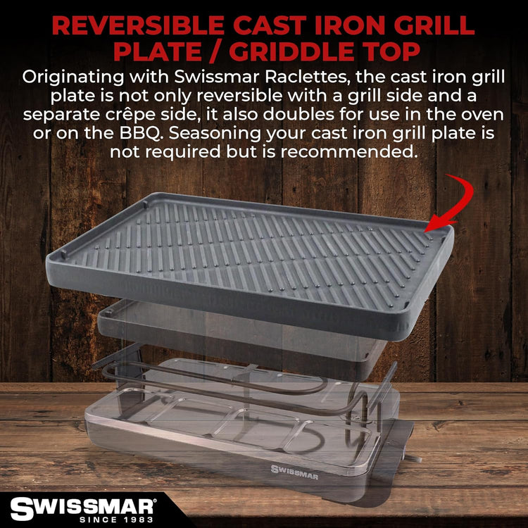 Swissmar Classic 8-Person Raclette Party Grill - Indoor Electric Grill & Griller with Reversible Cast Iron Grill Plate/Crepe Top - Anthracite Black
