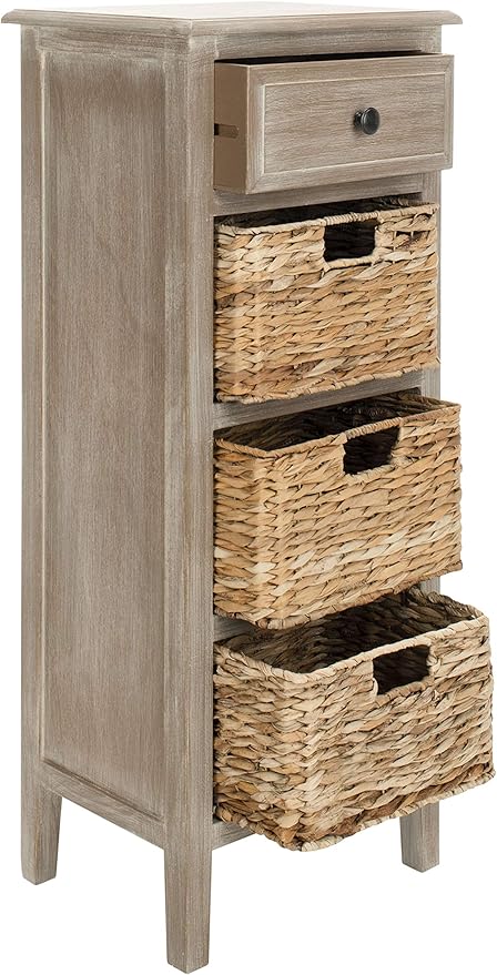 SAFAVIEH Home Collection – Michaela White Washed Storage Unit with Woven Basket Drawers, British Colonial Farmhouse Accent Storage, Fully Assembled (AMH5744E)
