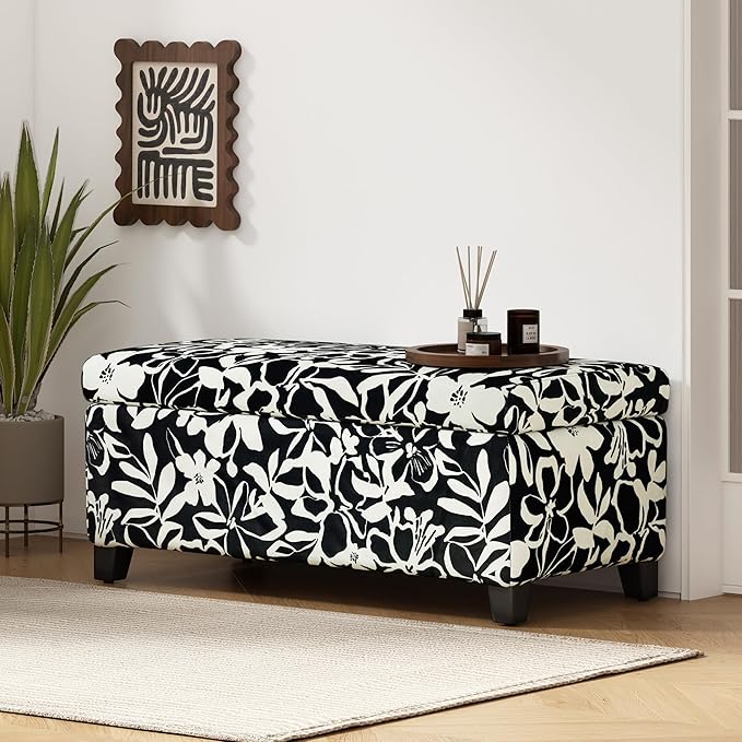 Christopher Knight Home Nesbit Living Room Ottoman with Storage, Entryway Fabric Upholstered Storage Ottoman Bench, Rectangular Sofa Foot Stool, Bedroom End of Bed Bench, Shoe Organizer, Black+White