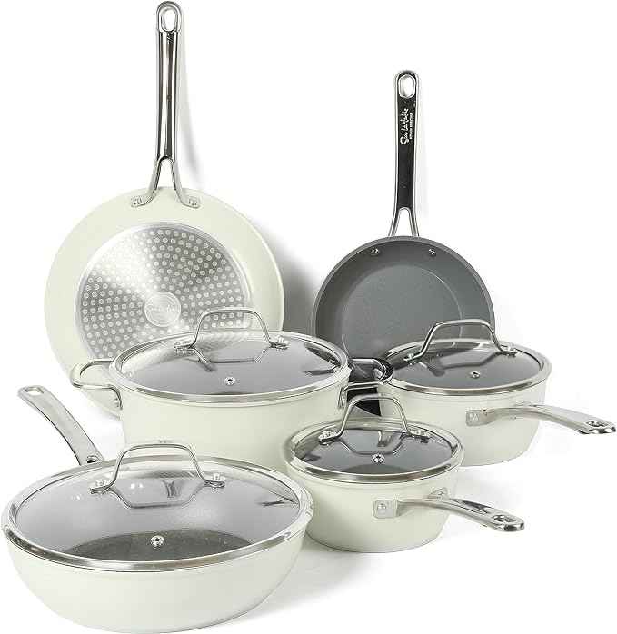 Sur La Table Kitchen Essentials 10 Piece PFA Free Non-Toxic Titanium Ceramic Nonstick Interior Forged Aluminum Cookware Pots and Pans Set - Linen White - Induction Compatible