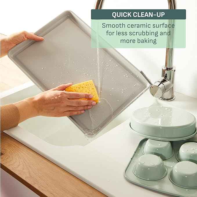 T-fal Refresh Ceramic Nonstick Baking Pans Set (8 Pc), Roaster, 12-Cup for Muffins, Loaf Trays, Baking Sheets Non Stick, Cooling Cooking Rack, Stackable Bakeware Set, Mint Green