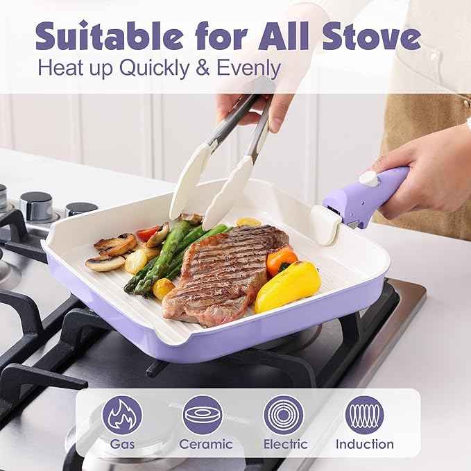 SENSARTE 17 Piece Ceramic Pots and Pans Set, Nonstick Detachable Handle Cookware, Induction Kitchen Cookware Set with Removable Handle, Dishwasher & Oven Safe (Purple)