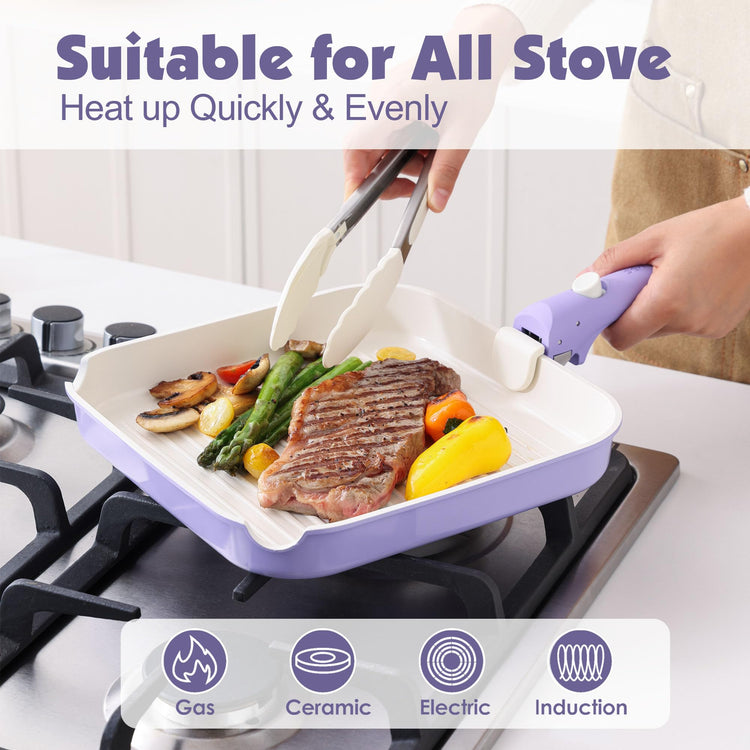 17 Piece Ceramic Detachable Handle Pots and Pans Set Purple