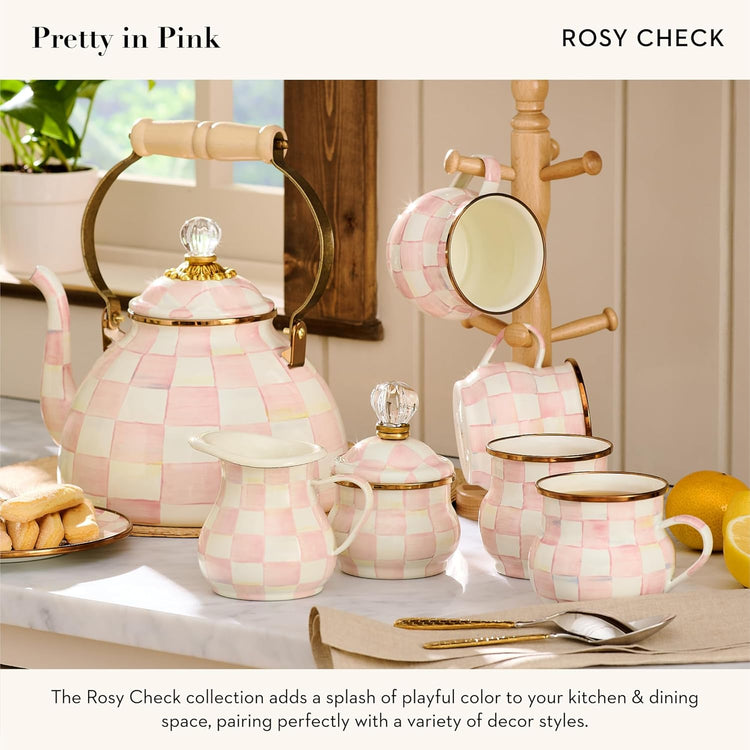 MACKENZIE-CHILDS Enamel Lidded Sugar Bowl, Small Serving Bowl with Lid, 10-Ounce Capacity, Pink-and-White Rosy Check