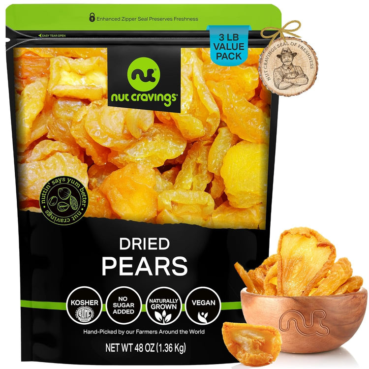 NUT CRAVINGS - Sun Dried California Pears, No Sugar Added (48oz, 3 LB, Bulk) Bulk Dry Fruits Packed Fresh in Resealable Bag - Sweet Healthy Snack, Naturally Grown, Vegan, Kosher