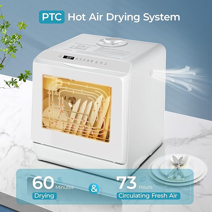 EUHOMY Countertop Dishwasher Portable with 6 Programs, 5L Built-in Water Tank for Apartments, 167โ High-Temp, No Hookup Needed, Mini Dishwasher with Baby Care, Air Dry/Quick/ECO/Fruit/Normal, White