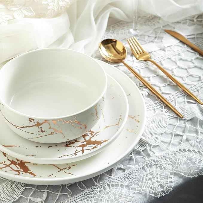 Stone Lain Porcelain 16 Piece Dinnerware set, 4 Full White Gold Splash Sets