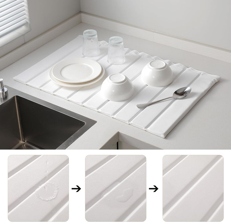 Stone Drying Mat for Kitchen Counter, Collapsible Diatomaceous Earth Dish Drying Mats, Supe Absorbent Quick Dry Stone Mat Kitchen,PU Leather Surface Removable and washable (White, 23.6”x15.4”)