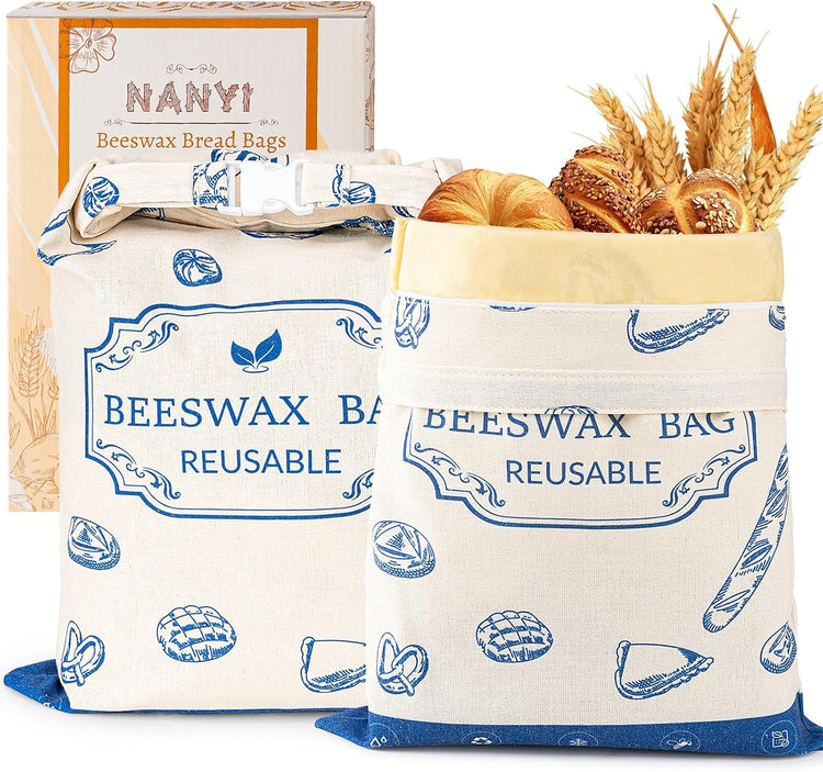 2-Pack Reusable Beeswax Bread Bags for Sourdough & Homemade Bread,Cotton Waxed Bags Keeps Fresh Longer(Navy Loaf)