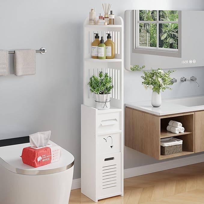 VECELO Bathroom Cabinet Corner Shelf, with Cabinet for Bathroom Narrow Space,Small Storage Organizer with Toilet Paper Roll in Restroom Waterproof Lightweight,White