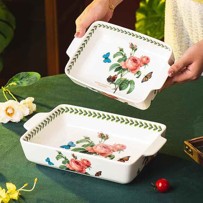 ONCCI In-Glaze Ceramic Baking Dish Set of 2 - Rectangular with Handles,Casserole dishes 10.8 * 7.99in & 8.58 * 6.54inch Sizes - Oven Safe for Cooking, Baking, Casseroles - Dishwasher Safe(Pink Rose)