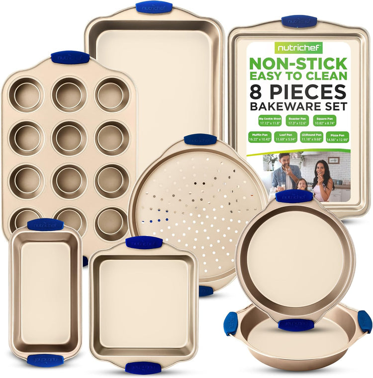 NutriChef 8-Piece Nonstick Bakeware Set - Heavy Duty Carbon Steel Baking Pans w/ Blue Silicone Handles - Pizza Crisper, Muffin & Loaf Pan, Round & Square Pans, Cookie Sheet - Champagne Gold