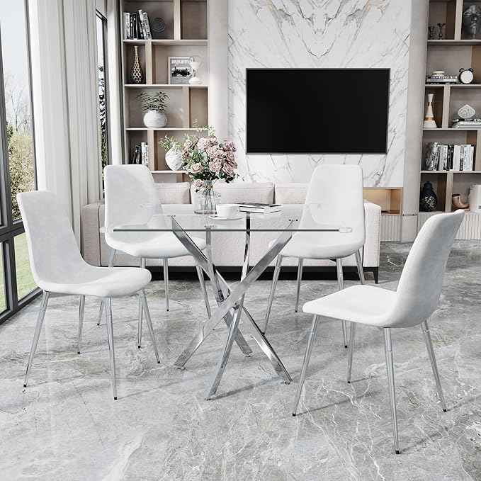 36" Square Glass Dining Table Set for 4, 5-Piece Modern Kitchen Table with 4 White Velvet Chairs, Modern Circle Leisure Table for Home Office Dining Room Small Spaces (Silver Leg)