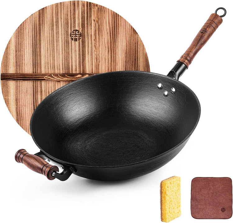 WANGYUANJI Cast Iron Pot,13.4 inch Craft Wok Chinese Wok,Flat Bottom Iron Woks with Lid,Fry Pan Suitable for Induction, Electric, Gas, Halogen All Stoves-Black