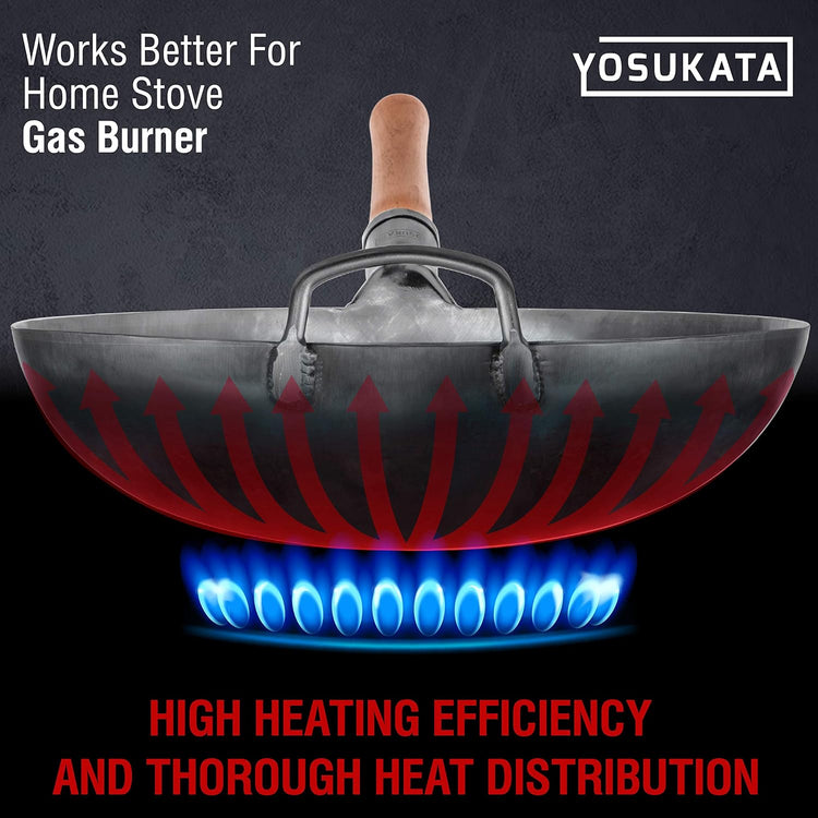 YOSUKATA 14” Round Bottom Carbon Steel Woks and Stir Fry Pans – Unseasoned Pow Wok for Stir Fry, BBQ, Grill & Camping – Hand-Hammered Traditional Japanese and Chinese Pan – Gas Stove, Open Fire Only
