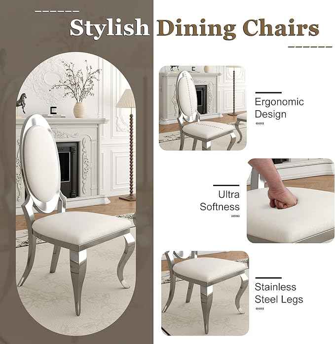 Modern Dining Chairs Set of 6, Luxury Faux Leather Upholstered Armless Dining Room Chair with Mirrored Stainless Steel Silver Legs, Mid Century Accent for Wedding Party Banquet Reception, White
