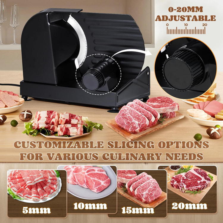 Moongiantgo Electric Meat Slicer 220W, 1-20mm Adjustable Thickness Deli Food Slicer with 2 Removable 7.3" Stainless Steel Blade, Removable Food Platform, Cheese Fruit Bread Slicer for Home,110V