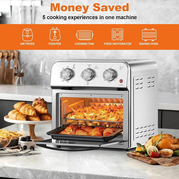 PlumChef 13 Quart 4 Slices Air Fryer Convection Toaster Oven, 1500W, Multifunction Oven for Roast, Bake, Grill, Broil, Toast(stainless steel)