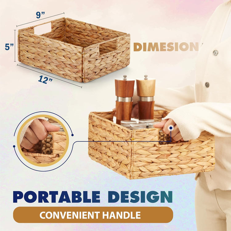 BLUEWEST Water Hyacinth Storage Baskets (Set of 6) β Woven Hyacinth Organizer with Carrying Handles, Laundry Basket for Organizing, Rattan Bin for Shelves