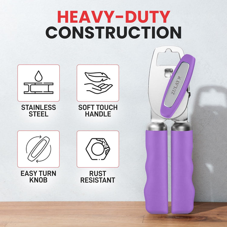 Zulay Kitchen Heavy Duty Stainless Steel Can Opener Manual with Bottle Opener - Rust Proof Manual Can Opener With Turn Knob & Comfy Soft Grip Handles - Purple