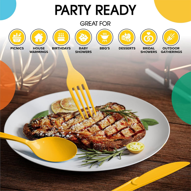 Heavy Duty Plastic Cutlery - 200 Pcs, Disposable Yellow Plastic Spoons - Flatware, Silverware