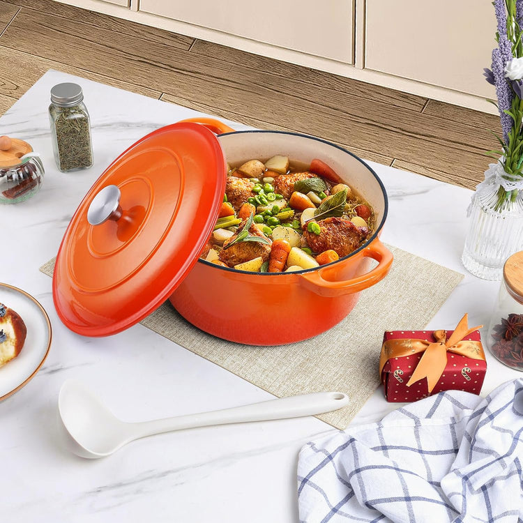 P&P CHEF 6QT Enameled Dutch Oven, Cast Iron Dutch Oven Pot with Lid for Bread Baking, Enameled Casserole Pot for Roasting Braising Stewing Frying Simmering, Various Stoves & Easy Clean, Orange - Nestoria