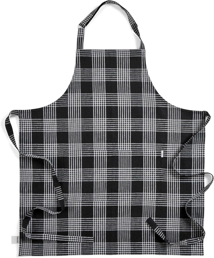 Solino Home Linen Bib Apron for Men & Women - Black and White Plaid Kitchen Apron with Front Pockets - Handcrafted from European Flax