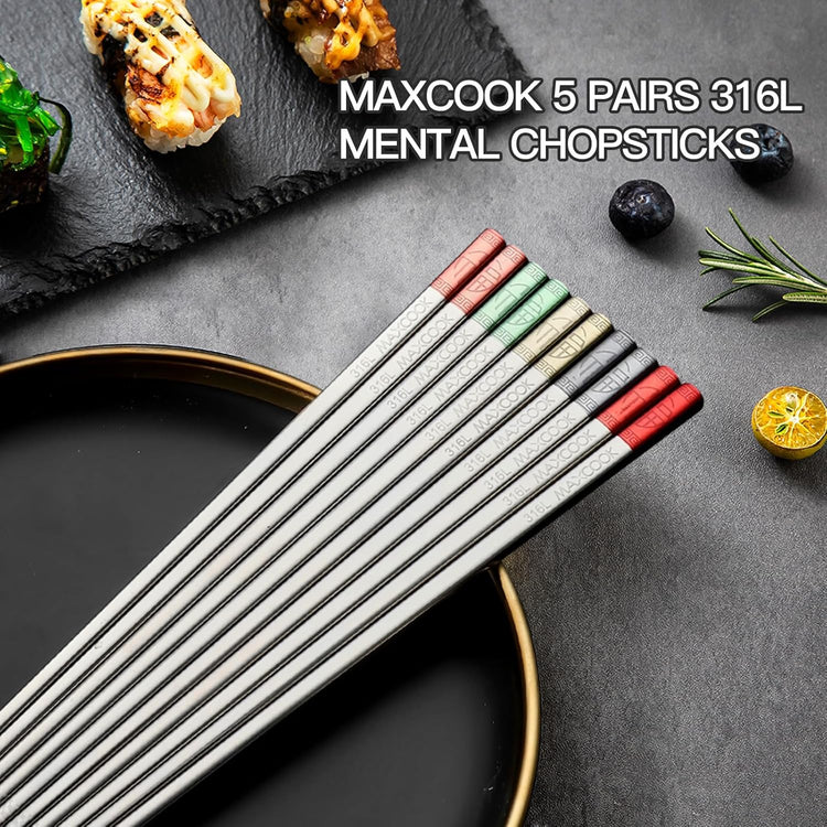 Metal Chopsticks, 5 Pairs 316L Stainless Steel Chopstick,Non-Slip Sushi Chop sticks with Laser Engraving, Reusable Chopsticks for Japanese Cuisine (9.25 Inch)