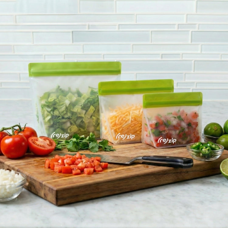 re) zip 3-Piece Stand-Up Reusable Bag Kit | BPA-Free, Food Grade, Leakproof, Freezer and Dishwasher Safe | Quart (1), 2-Cup (1), Snack (1) | Green