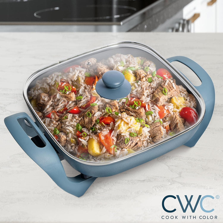 COOK WITH COLOR Electric Skillet - 12" x 12" Ceramic Nonstick Pan, PFAS-Free, 1400W, Tempered Glass Lid, Variable Temperature, Removable Heating Probe, Cool-Touch Handles, Slate Blue