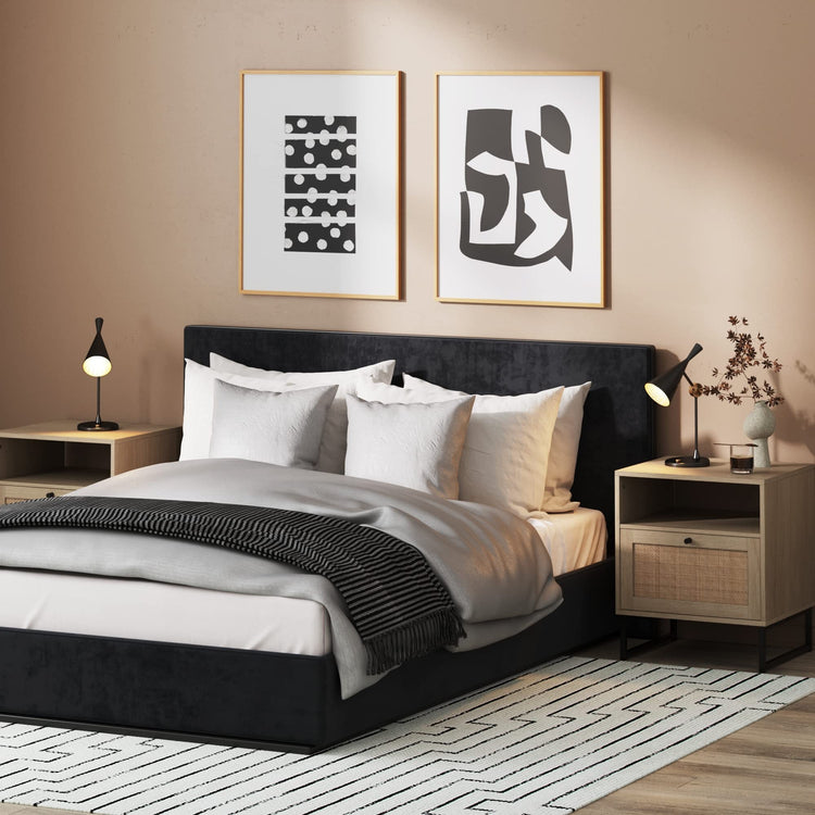 Mina Side End or Accent Table in a Natural Oak Wood Finish & Matte Black Accents with Storage for Living Room or Nightstand for Bedroom