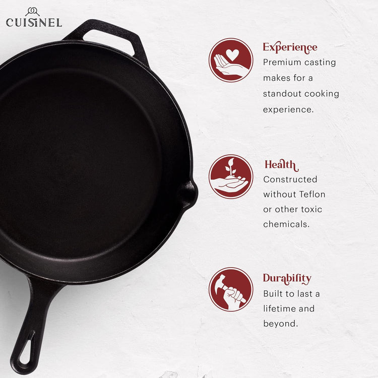 Cuisinel Cast Iron Skillets Set - 10" + 12"-Inch Pre-Seasoned Frying Pans + Removable Silicone Handle Holder Grips + Pan Scraper - Oven-Safe Cookware Kit + Accessories + Handle Helper - Nestoria