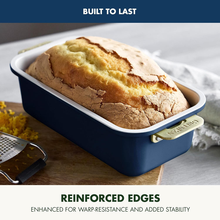 GreenPan Bakeware Set, 7 Piece Nonstick Ceramic Gold Handle Baking Sheets, Cake Pans, Loaf Pan, Muffin Tin, Cooling Rack, PFAS & BPA Free, Freezer to Oven Dish, Bake & Roast Ovenware, Oxford Blue