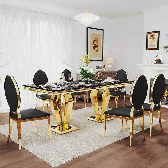 AF ARTISAN FURNITURE 7 Piece Luxury Dining Room Set, Modern Dining Table and Upholstered Chairs Set, Marble Kitchen Table Set for 6, Big Kitchen Dinner Tables Kit with Gold Base