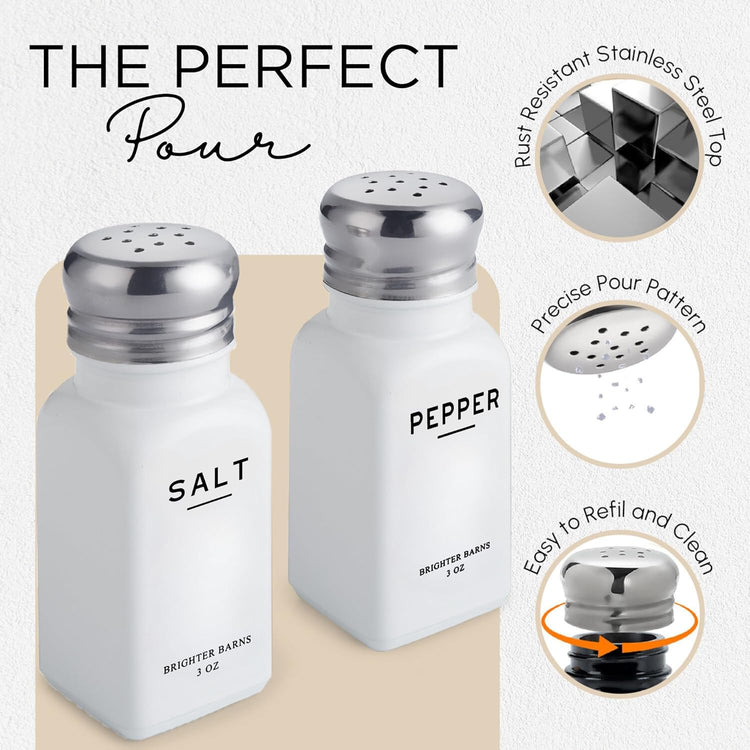 White Salt and Pepper Shakers Set with Holder by Brighter Barns - Neutral Minimalist Glass Salt Shaker with Caddy - Dining Table Decor, Modern Kitchen Accessories for Restaurant, Hotel, Airbnb (White)