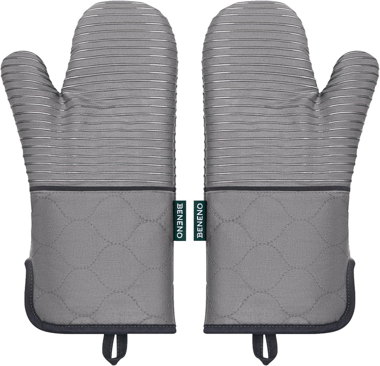 Beneno Kitchen Oven Mitts 2-Pack Heat Resistant to 500°F with Non-Slip Silicone Grip, Extra Long 14.3" Forearm Protection, Soft Quilted Cotton Terry Lining, Ideal for Cooking, Baking, Grilling, Gray