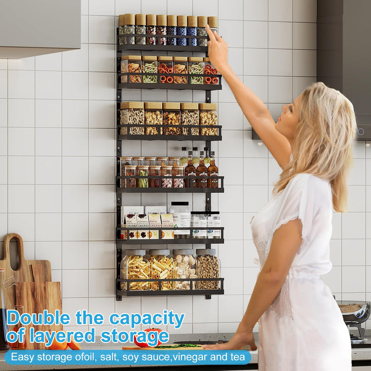 6-Tier Wall-Mounted Spice Rack Organizer with Mixed Basket Sizes, Height-Adjustable Hanging Spice Shelf for Kitchen Pantry Cabinet, Large-Capacity Seasoning Holder, Black